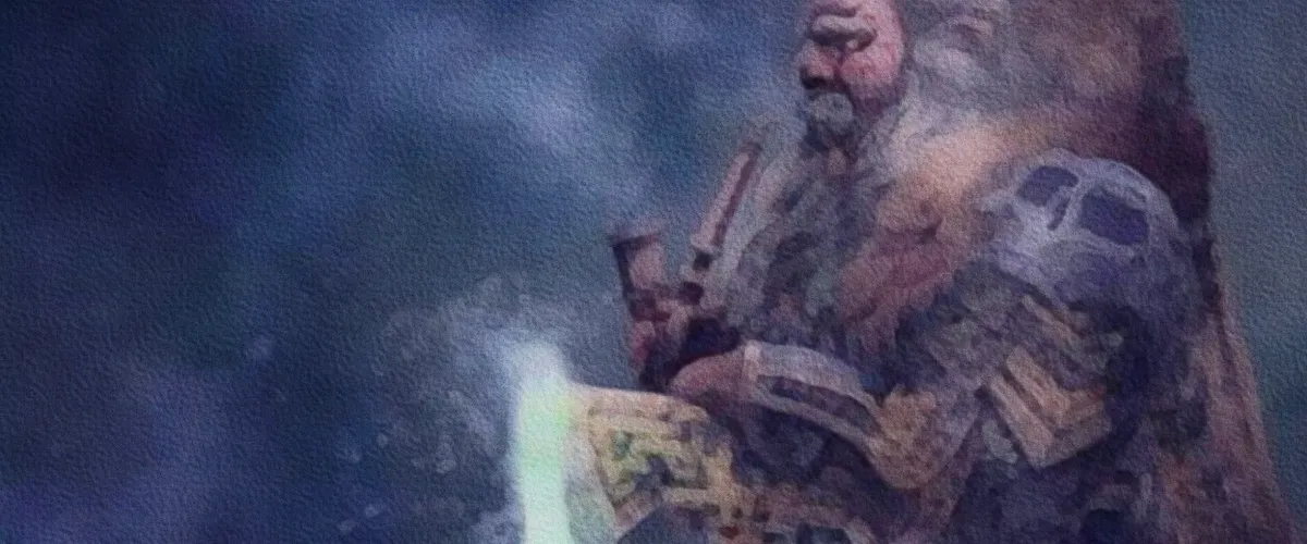 A painting of a dwarf wielding an axe