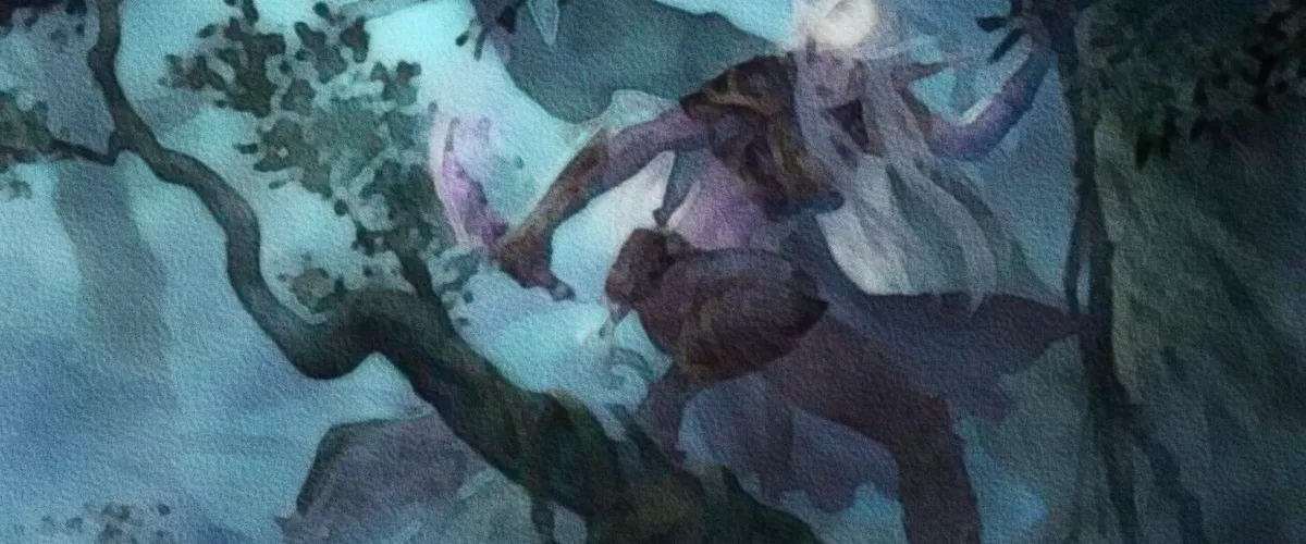 A painting of an Elvish Rogue in a tree
