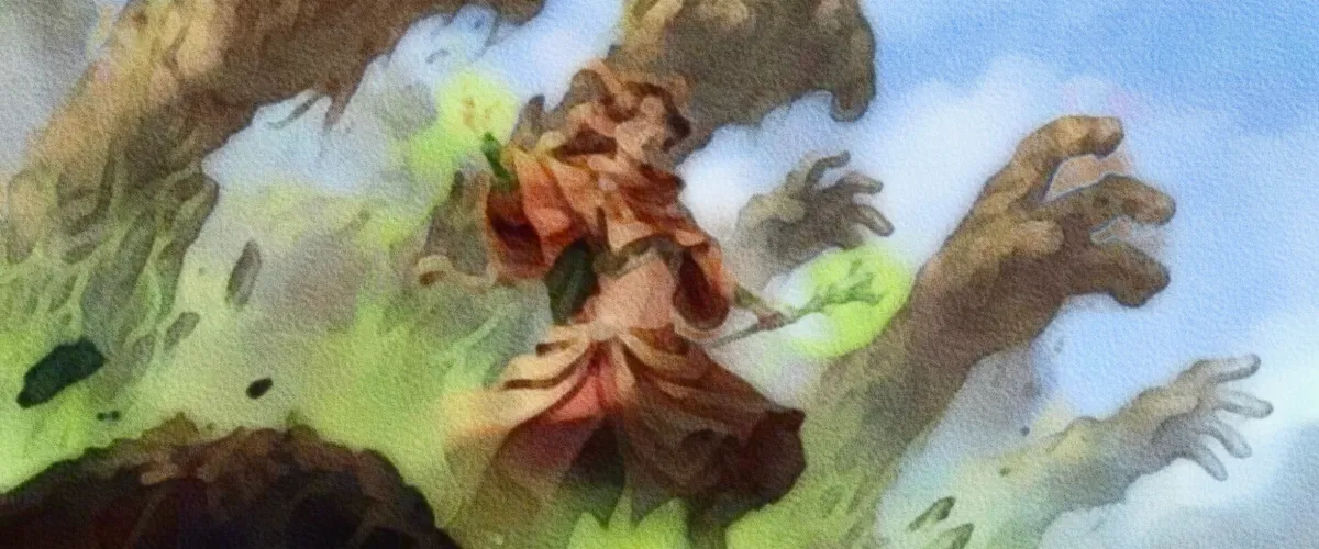 Painting of a woman summoning earthen hands on a battlefield