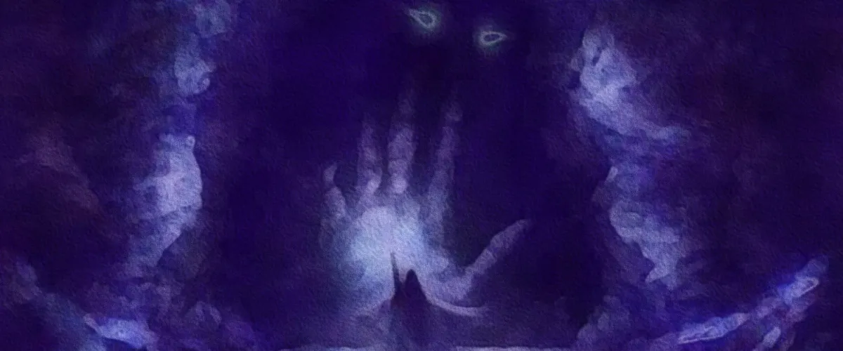 Painting of a person standing before a large demonic ghost